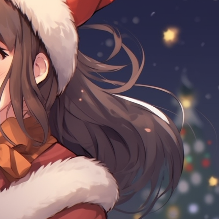 Close-up of two characters, cool shades of blue and detailed patterns reflecting Christmas lights. christmas themed matching discord pfp for girls pfp for discord.