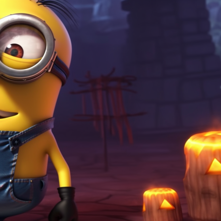 Two characters with rosy cheeks and ghoulish grins, dressed in minion Halloween costumes, surrounded by spooky Halloween decor. minion halloween theme for matching pfp pfp for discord.