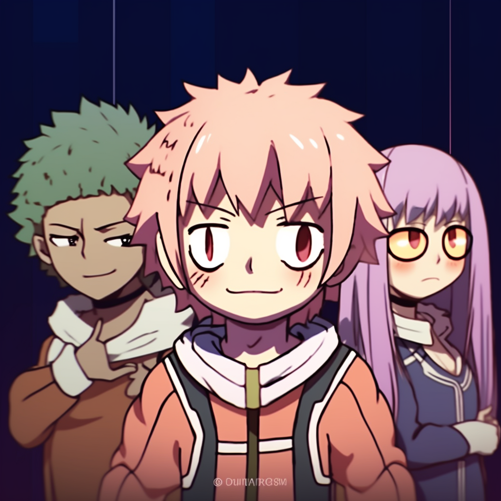 Cute portrayal of Deku and his friends, cartoonish lines and muted tones. adorably funny anime pfp pfp for discord.