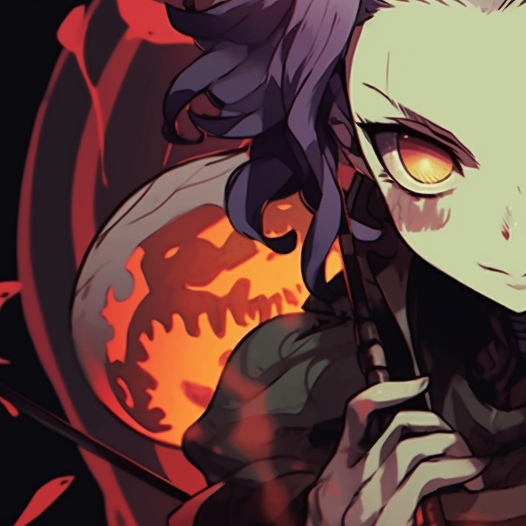 Two characters in full battle gear, sharp lines and deep shading, confronting a ghoulish presence. matching demon slayer pfp halloween theme illustrations pfp for discord.