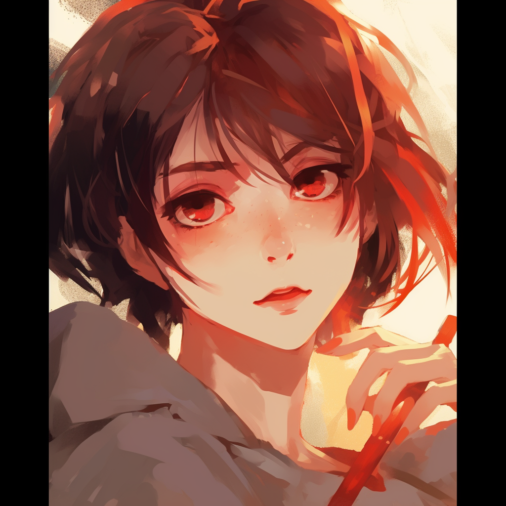 Close-up portrait of an Anime character utilizing warm tones, brush-stroke details and an inviting look. aesthetic anime pfp compilation