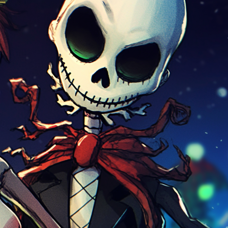 Two skeleton characters under a night sky, cool colors and a magical holiday mood. skeleton themed matching christmas pfp pfp for discord.