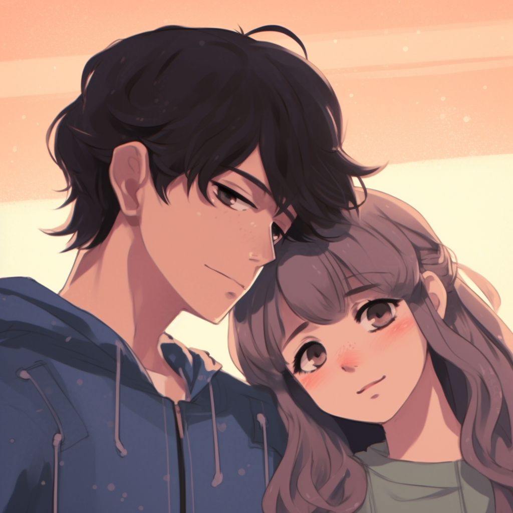 Anime couple in pastel colors, soft outlines and simplified shapes. premium anime pfp couple aesthetic pfp for discord.