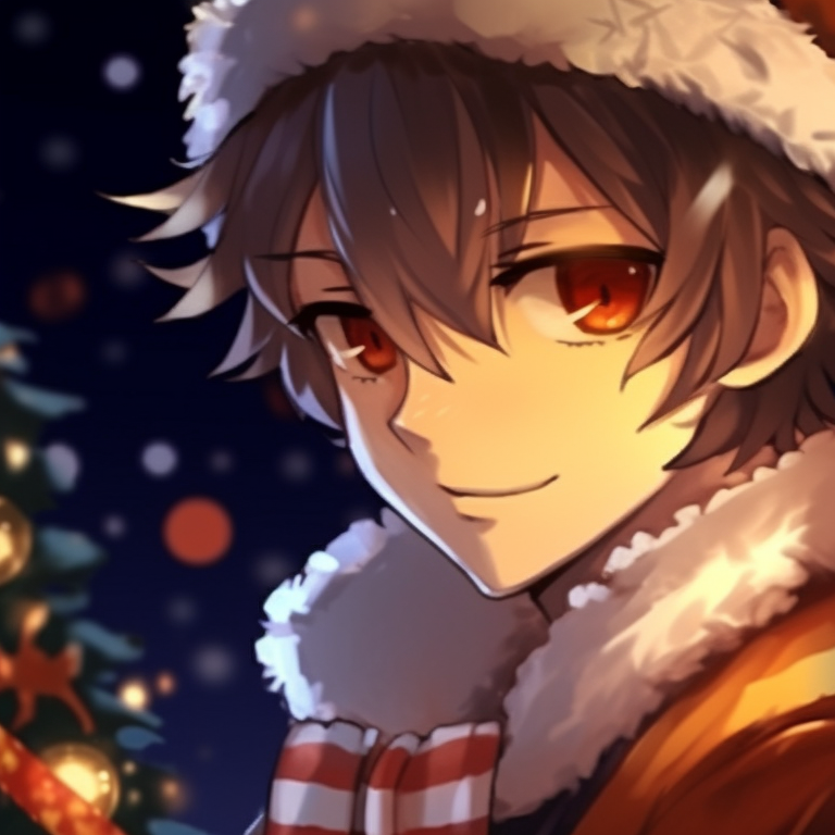 Two characters, captured in a gentle embrace, their holiday attire echoing the orange Christmas theme. orange christmas pfp variations pfp for discord.