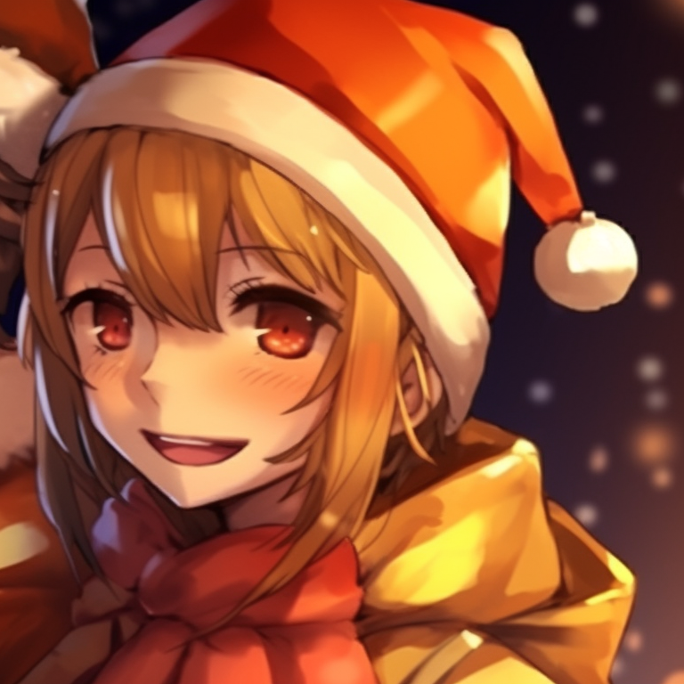 Two characters, captured in a gentle embrace, their holiday attire echoing the orange Christmas theme. orange christmas pfp variations pfp for discord.