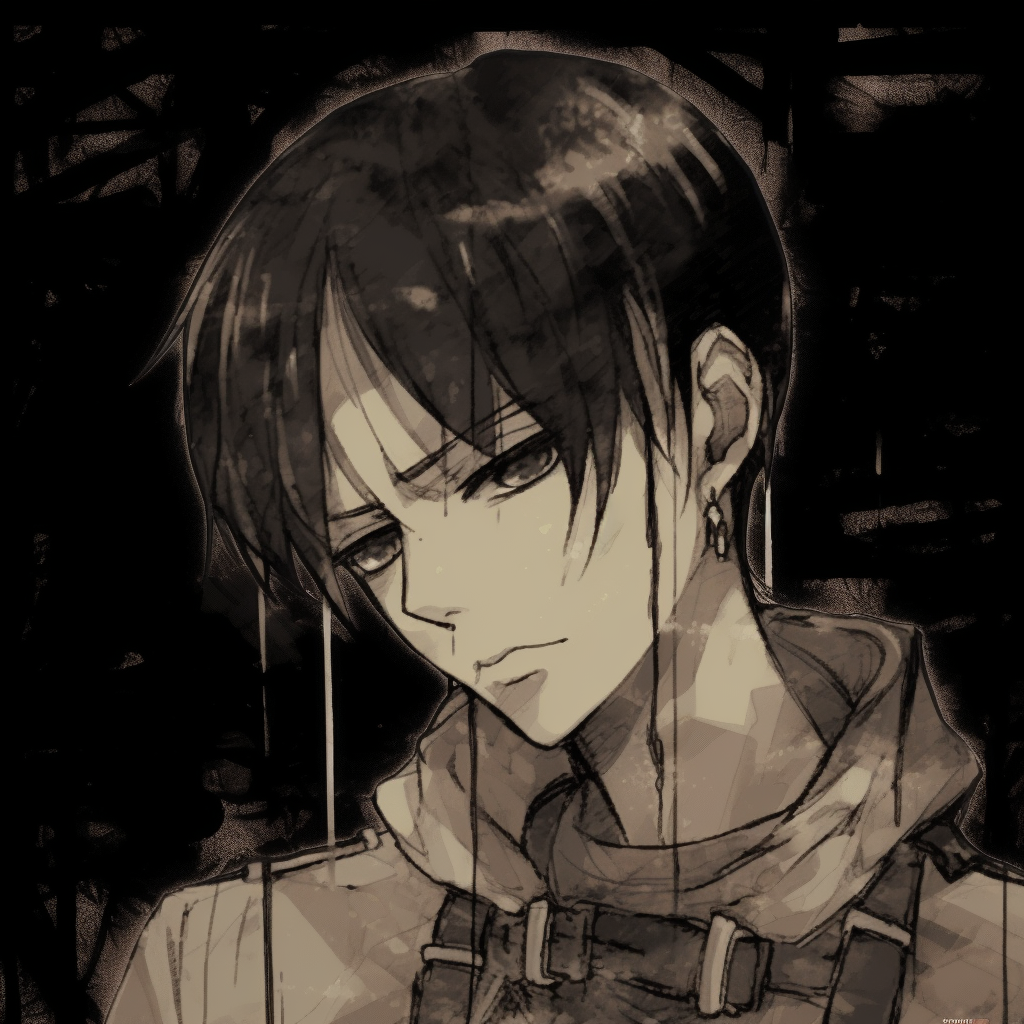 Levi Ackerman from Attack on Titan in grunge art style, showcasing heavy shaded details and muted colors. edgy grunge anime pfp