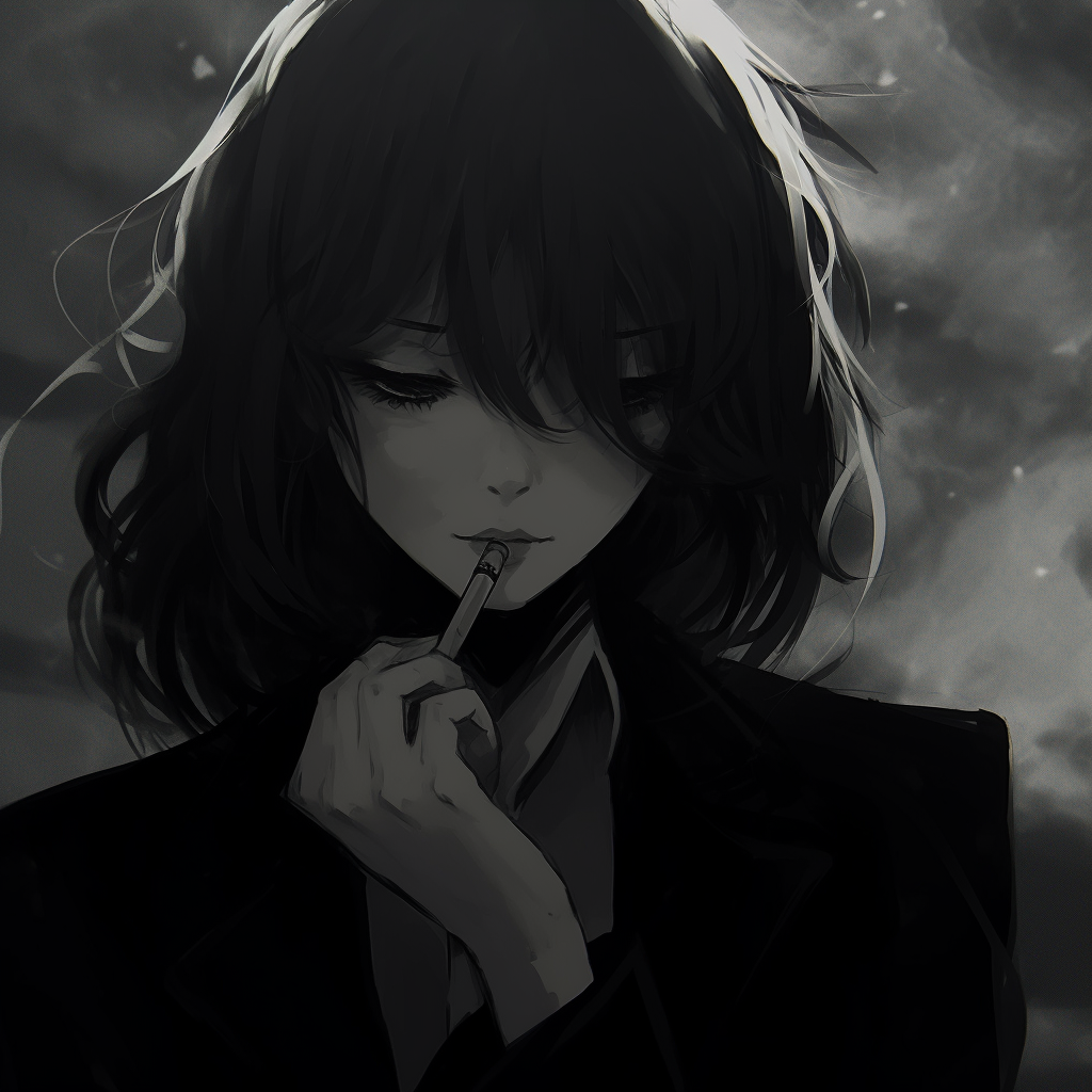 Image of a female anime warrior, battle-ready stance against a dusky backdrop. anime pfp dark aesthetic for females pfp for discord.