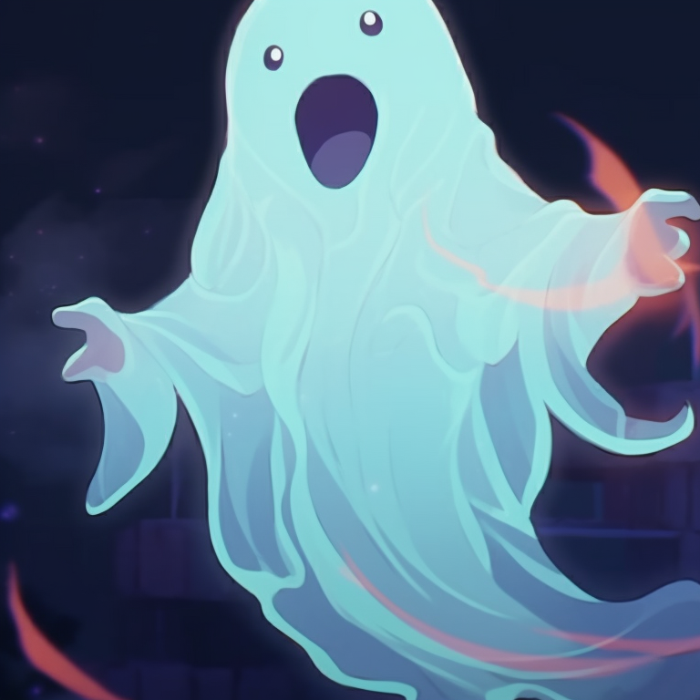 Two ghost characters, glowing auras and semi-transparent bodies, floating. history of ghost pfp for halloween pfp for discord.