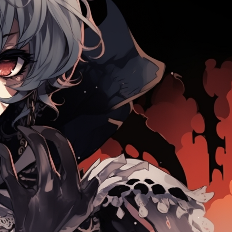 Two characters surrounded by haunted props, dark shadows and cold colors, mystifying aura. dark matching pfp halloween theme artistic pfp for discord.