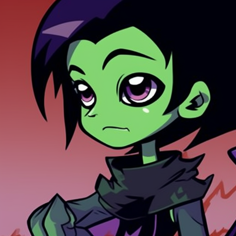 Beastboy and Raven in playful Halloween costumes, bold colors and comic style, hinting to their fun dynamic. icons of beastboy and raven in halloween costume pfp for discord.