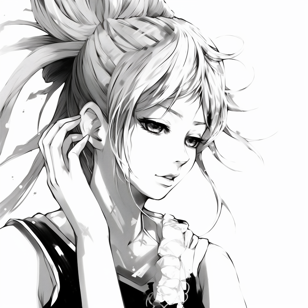 Gothic-inspired female character, detailed accessories spotlighted in black and white. black and white anime female profile picture