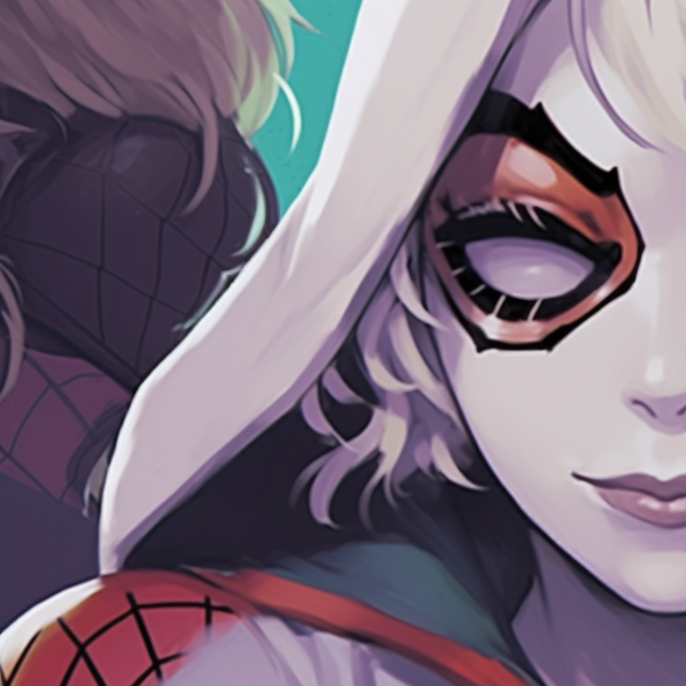 Characters against a urban backdrop, strong line work and saturated colors. spider man gwen and miles halloween matching pfp pfp for discord.