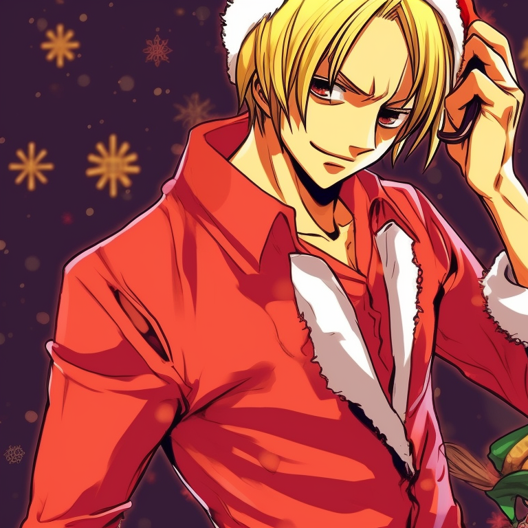Sanji animatedly cooking a Christmas dinner, vibrant colors and dynamic action. anime style matching sanji christmas pfp pfp for discord.