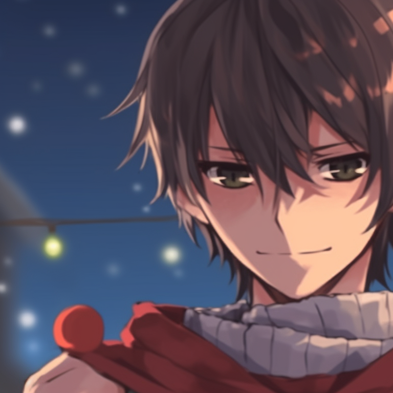 Two characters holding a festive garland, bright colors with a snowy backdrop. festive matching christmas pfp anime pfp for discord.