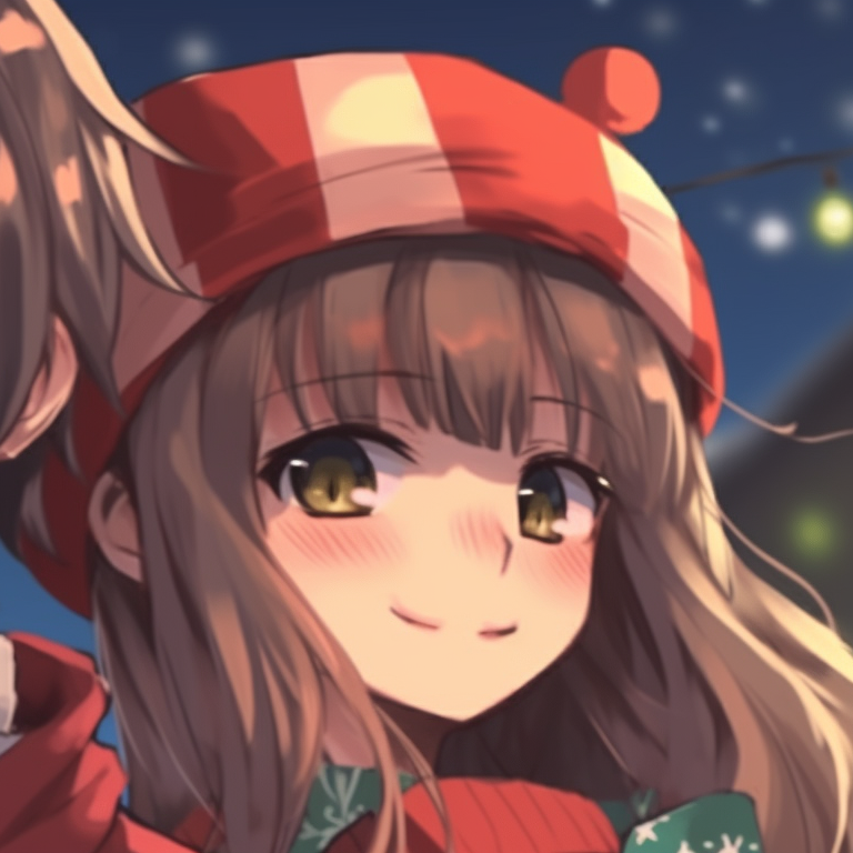 Two characters holding a festive garland, bright colors with a snowy backdrop. festive matching christmas pfp anime pfp for discord.
