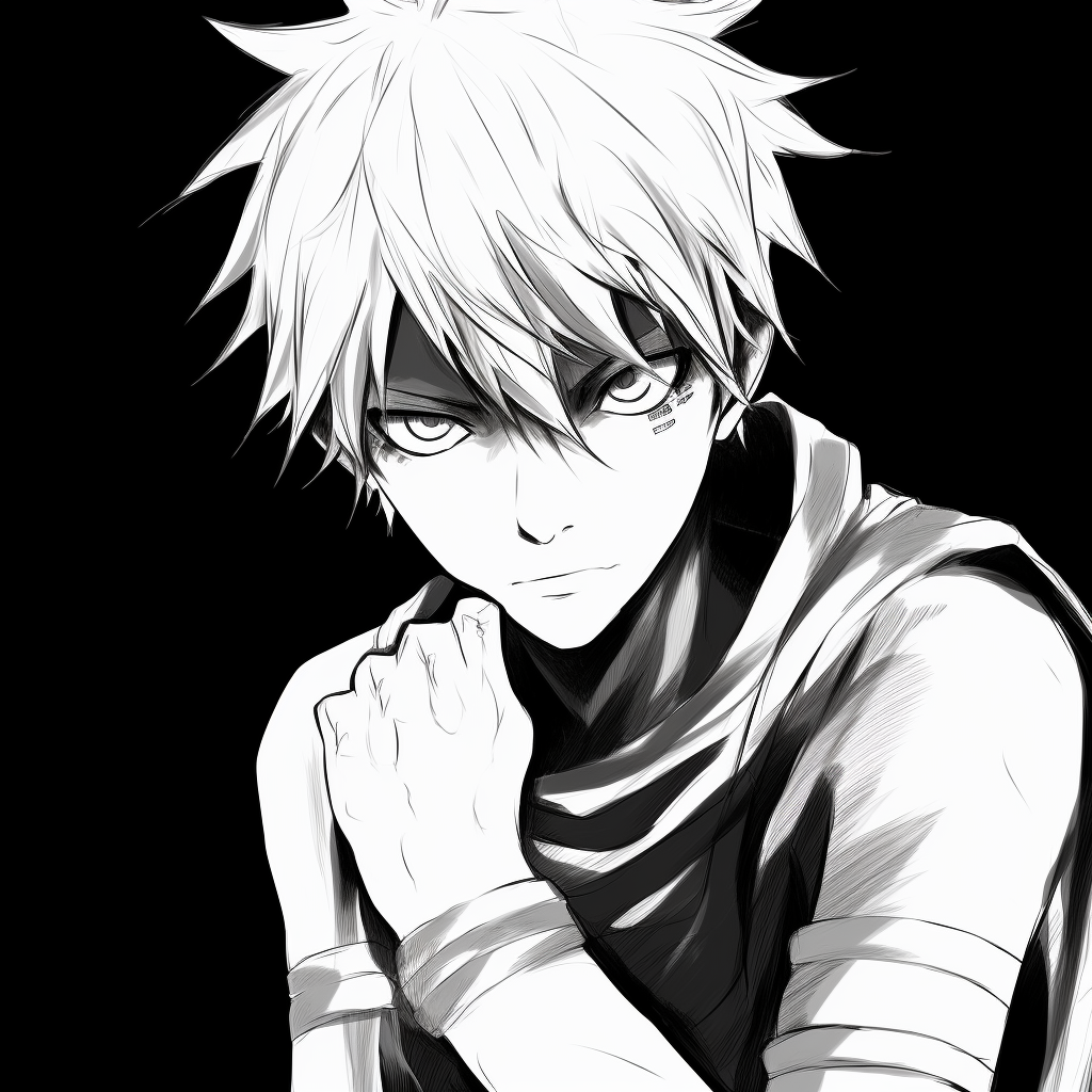 Naruto in a dynamic pose rendered in black and white, artistry evident in the detailed linework. top black and white anime pfp