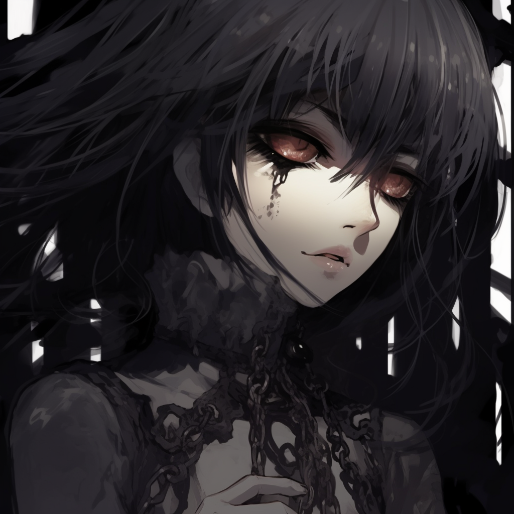 Anime girl with a vintage gothic style, dark yet elegant color combinations and a melancholic expression. goth anime girl pfp aesthetics pfp for discord.