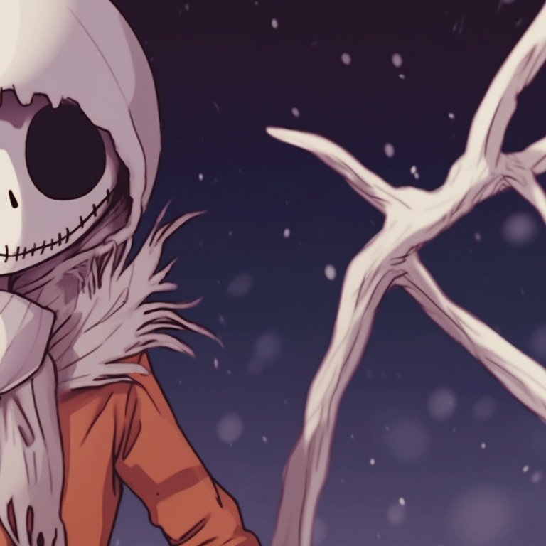 Two characters under a brightly lit Christmas tree, shadowy figures in the background add a touch of thrill. spooky christmas matching pfp designs pfp for discord.