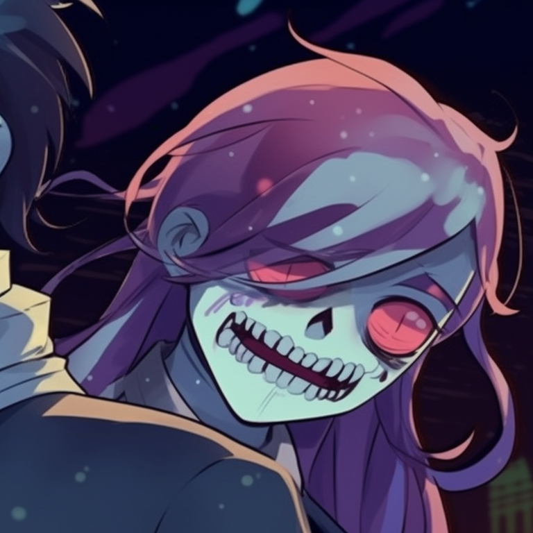 Two characters in skeletal costumes, intricate line work, matching expressions. matching pfp not cringe halloween theme cartoon pfp for discord.