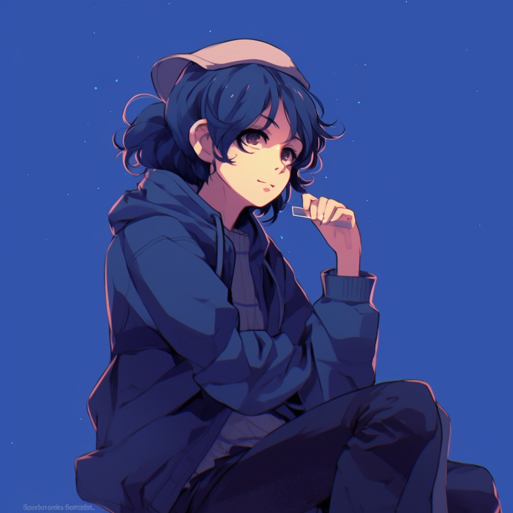 Anime character in a relaxed pose, predominantly blue color scheme. color-themed chill anime pfp