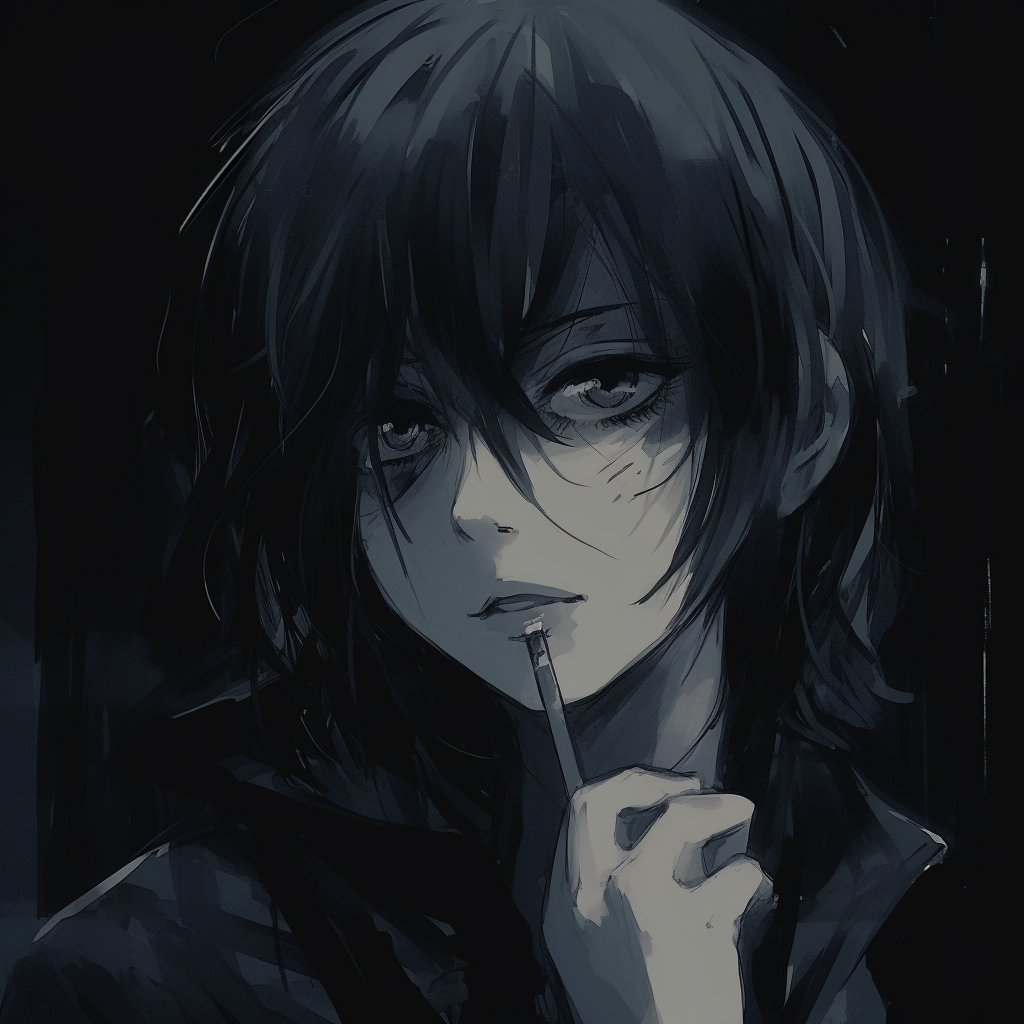 Gloomy frame of an anime character, undertones of blue and shadowy dark lines. aesthetic influence in dark anime pfp pfp for discord.