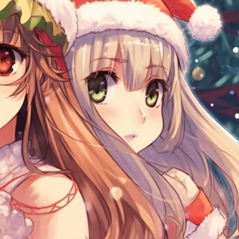 Close-up of two characters wearing winter hats, high contrast and snowflakes details. creative matching discord christmas pfp options pfp for discord.
