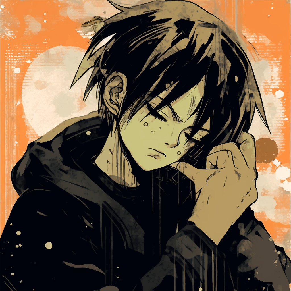 Classic anime character infused with grunge elements, displaying energetic lines and a saturated color palette. appealing anime grunge pfp aesthetics pfp for discord.