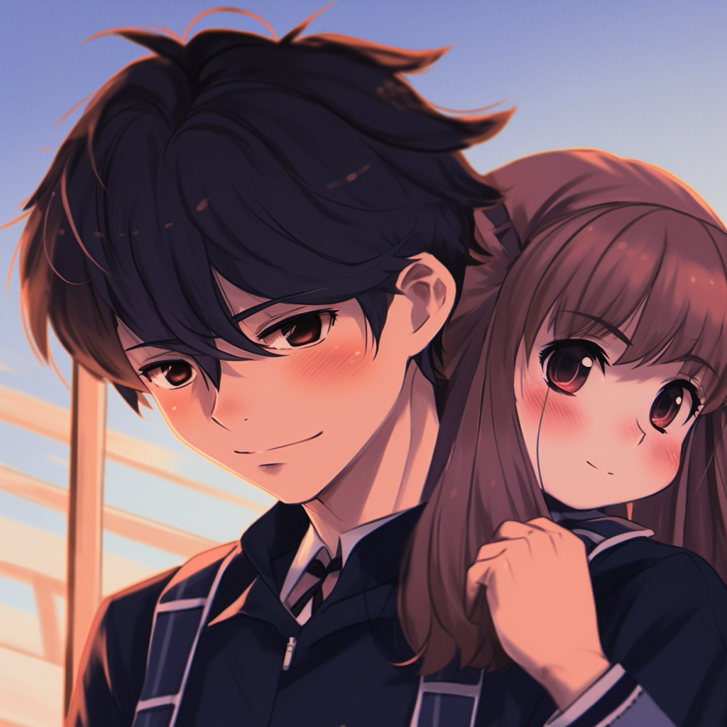 An anime couple dressed in Japanese school uniforms, with signs of affection and care, displayed using both muted and bright colors and precise line work. assortment of anime matching pfp couple