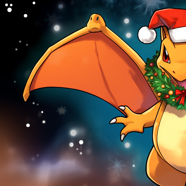 Two Charizard characters, wearing reindeer antlers, snowy background with star details. charizard christmas special pfp pfp for discord.