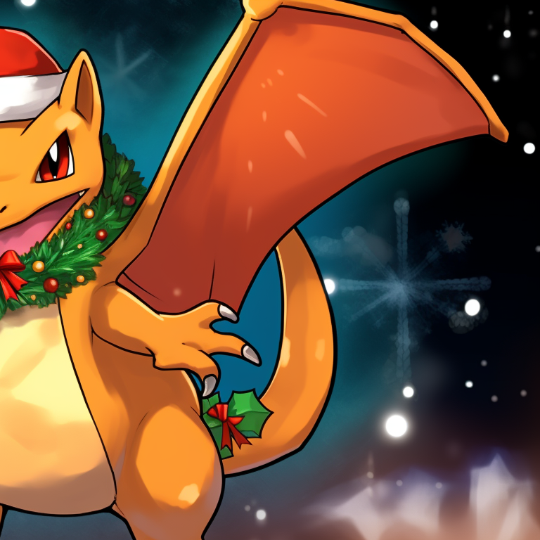 Two Charizard characters, wearing reindeer antlers, snowy background with star details. charizard christmas special pfp pfp for discord.