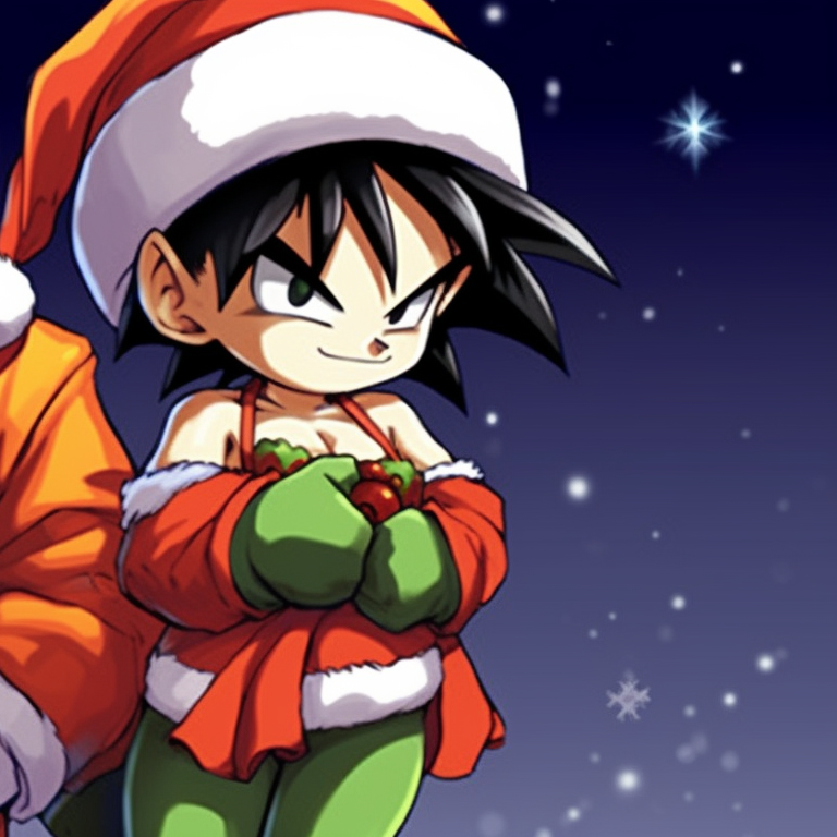 Two characters in Santa outfits, bold lines and vibrant colors. best christmas dragon ball pfp for match pfp for discord.