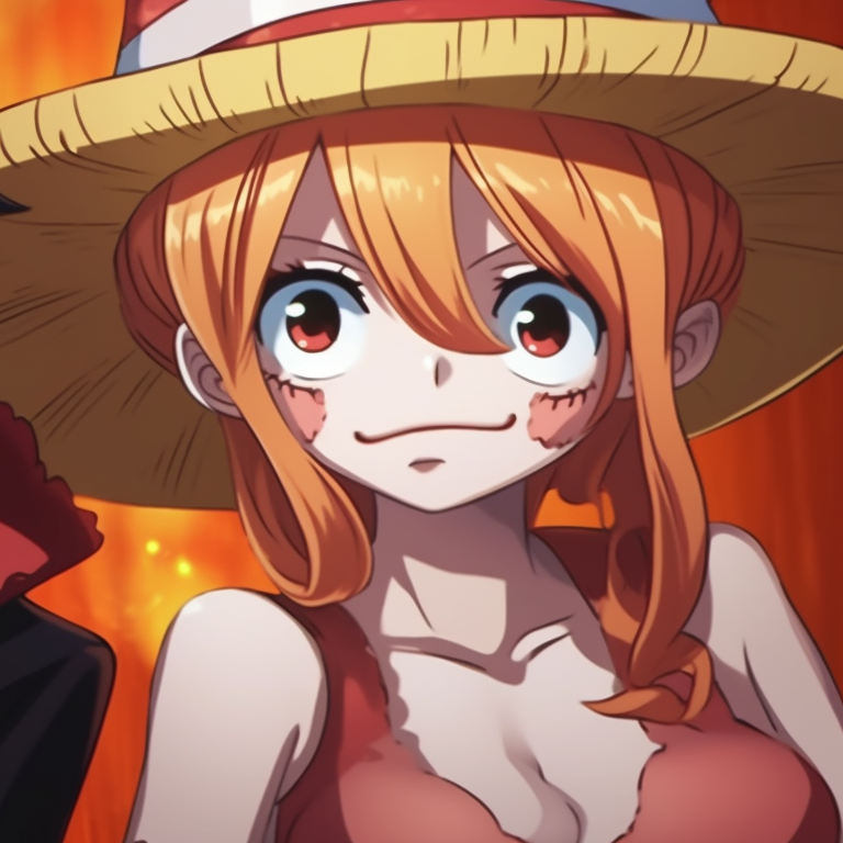 Close-up of Luffy and Nami, subtle hints of Halloween elements, emphasizing the connection between the characters. anime characters matching pfp pfp for discord.