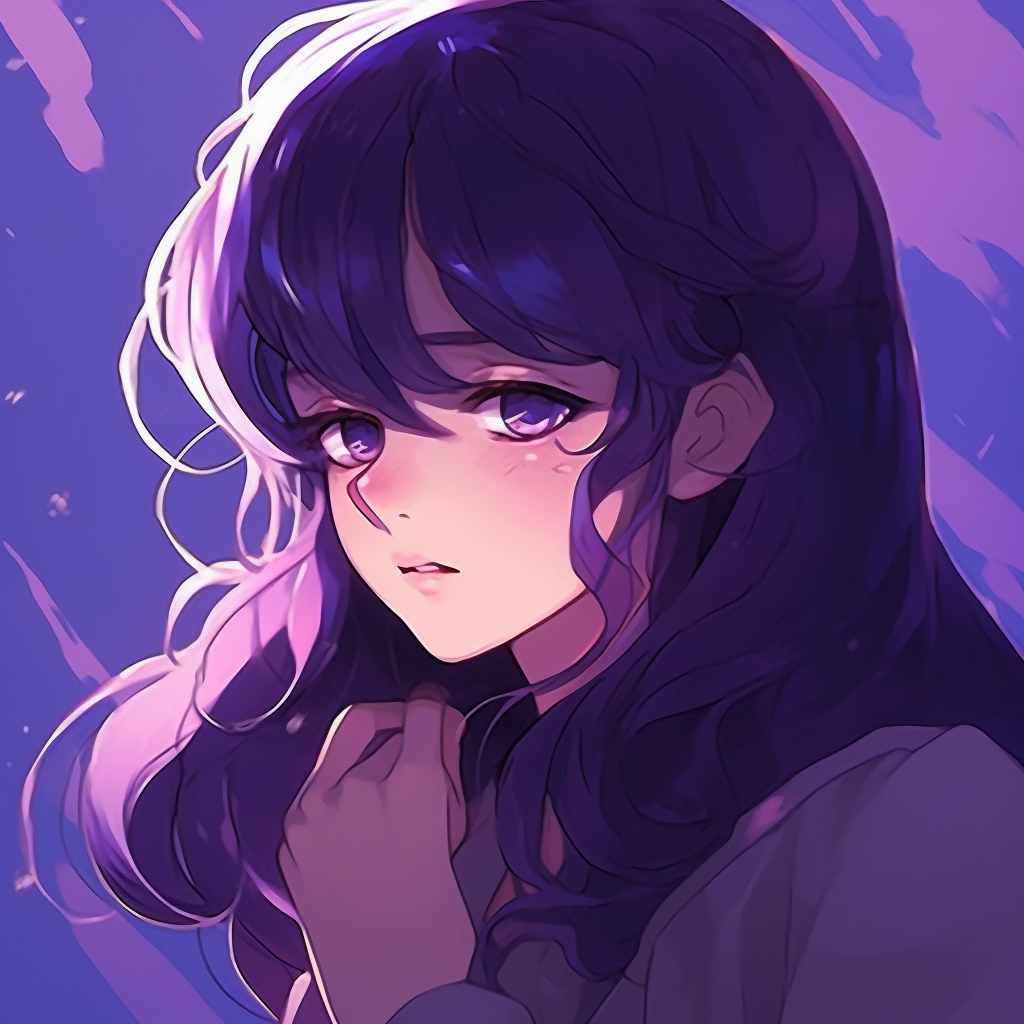 Thoughtful anime character in purple, ethereal light surrounding them, detailed design. cool anime purple pfp pfp for discord.