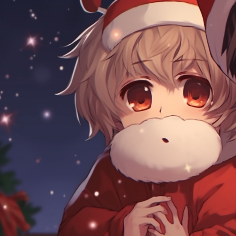 Two characters under mistletoe, cheeks blush, visually portraying a moment of shared joy. cute matching christmas anime boy pfp pfp for discord.