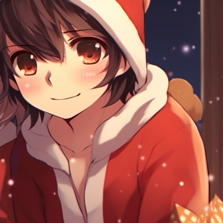 Two characters under mistletoe, cheeks blush, visually portraying a moment of shared joy. cute matching christmas anime boy pfp pfp for discord.
