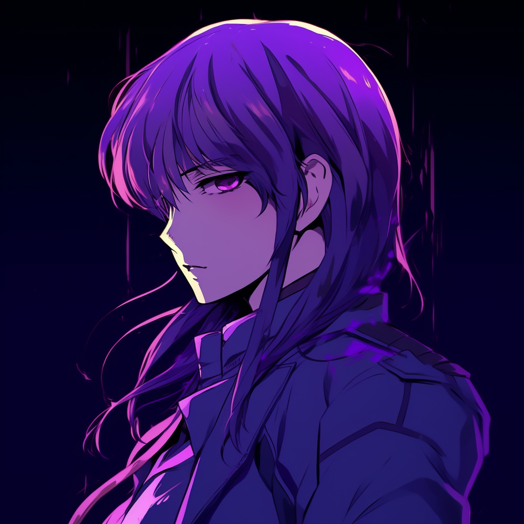 Close-up of a purple anime warrior with an intense gaze, detailed facial expressions and striking purple eyes. high-rated purple anime pfps