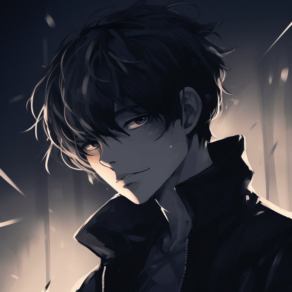 Close-up shot of a male anime character set in dusk; seeping twilight lighting effect. dark anime male pfp pfp for discord.