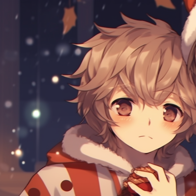 Two boys with stockings and Santa hats, cartoonish style and playful expressions. cute matching christmas anime boy pfp pfp for discord.