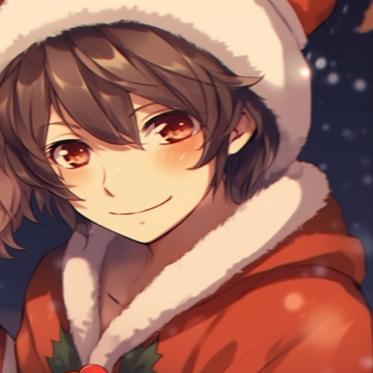 Two boys with stockings and Santa hats, cartoonish style and playful expressions. cute matching christmas anime boy pfp pfp for discord.
