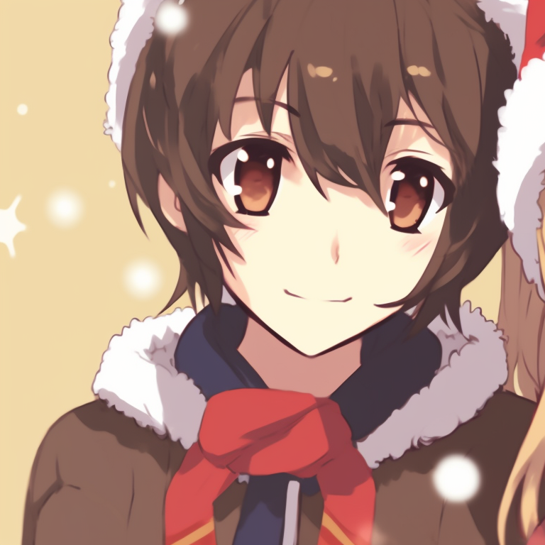 Two characters against a snowy backdrop, muted colors and snowflakes surrounding them, sharing a warm drink. anime inspired matching christmas pfp gif pfp for discord.