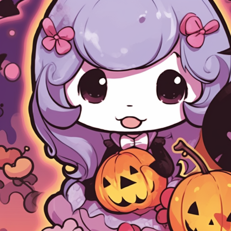 Two characters romantically connected, dressed in My Melody outfits, hinting at a magic theme, soft pastels and delicate lines. my melody matching pfp halloween theme costume ideas pfp for discord.