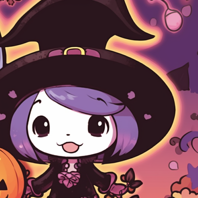 Two characters romantically connected, dressed in My Melody outfits, hinting at a magic theme, soft pastels and delicate lines. my melody matching pfp halloween theme costume ideas pfp for discord.