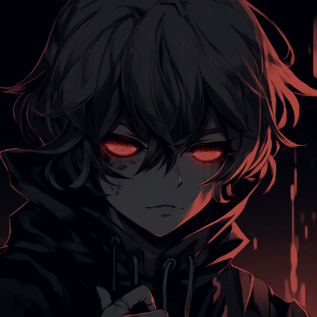 Anime character immersed in darkness, with red, glowing eyes and notable facial features. anime pfp dark with mysterious themes pfp for discord.
