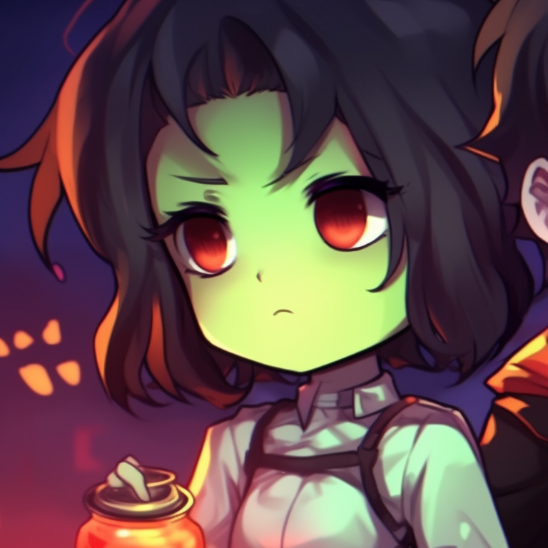 Half human and half monster matching pfp, vibrant colors, adorned in Halloween themed outfit and accessories. cute halloween matching pfp with classic monsters pfp for discord.