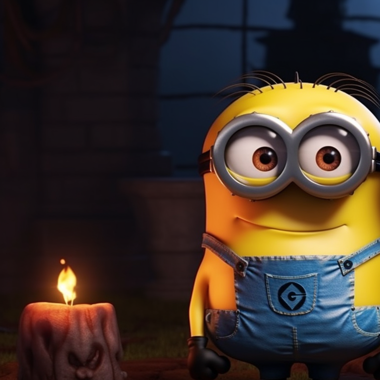 Two Minion characters in matching Halloween outfits, one making a scary face while the other looks shocked, a spooky graveyard scene in the backdrop. minion halloween theme for matching pfp pfp for discord.