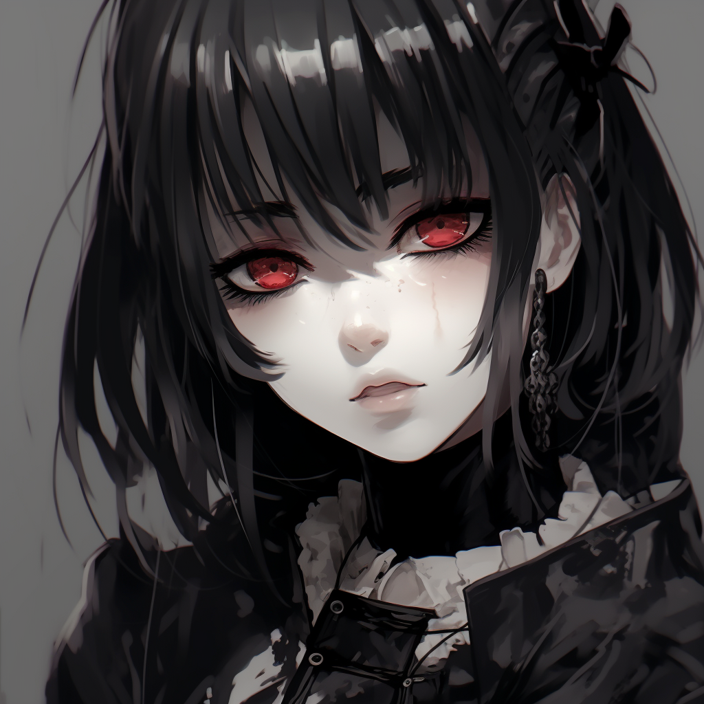 Profile view of a Goth Anime Girl, fine detailing on her goth accessories and intense expressions. stylish goth anime girl pfp pfp for discord.