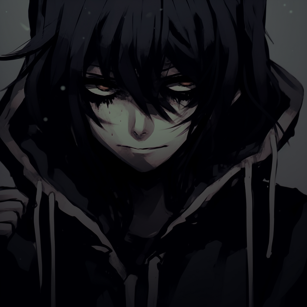 Close-up of a dark-themed anime character, prominently highlighting the stark contrast between lighter facial features and the darkness surrounding. darkness anime pfp characters pfp for discord.