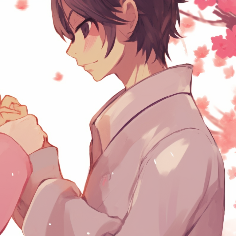Two characters under sakura blossoms, using soft pinks and whites, holding hands. romantic anime couples matching pfp pfp for discord.