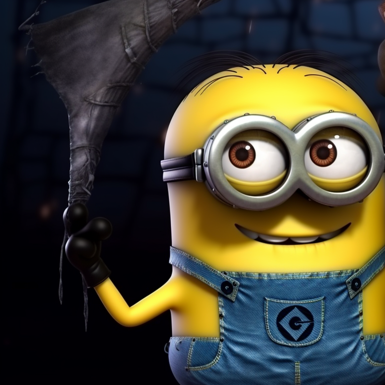 A Minion in a witch costume with a broom and another in a sheet ghost costume, fun and playful. matching pfp with minion theme for halloween pfp for discord.