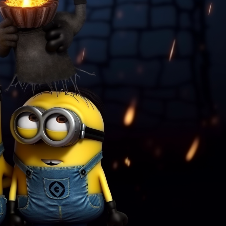 A Minion in a witch costume with a broom and another in a sheet ghost costume, fun and playful. matching pfp with minion theme for halloween pfp for discord.